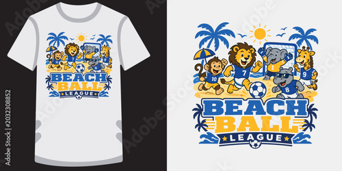 Photography Beach ball league soccer design with cute animals playing on sunny seaside resort vector