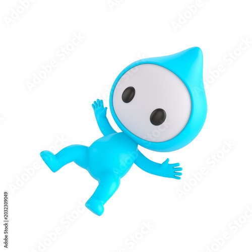 Tableau sur toile Cute 3D render Water Monster character slipping and falling, surprised and playful expression, dynamic mascot style, isolated on white background