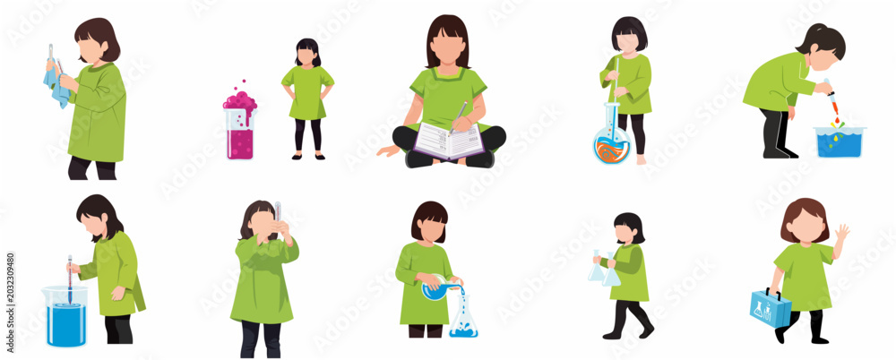 Fototapeta premium Little Girl Character Set Doing Science Experiments and Laboratory Research Flat Vector Illustration