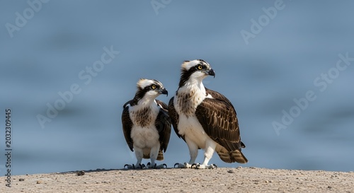 Two Ospreys Standing Alertly on a Sandy Beach or Shoreline Against a Blurred Blue Water Background