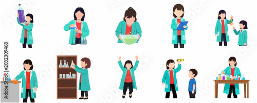 Fotografía Set of children characters performing science experiments in a laboratory, little scientists conducting chemical research and learning STEM concepts