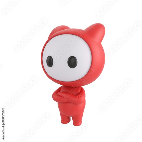 Cute 3D render Red Little Monster character standing with arms crossed, confident and proud mascot style, isolated on white background.