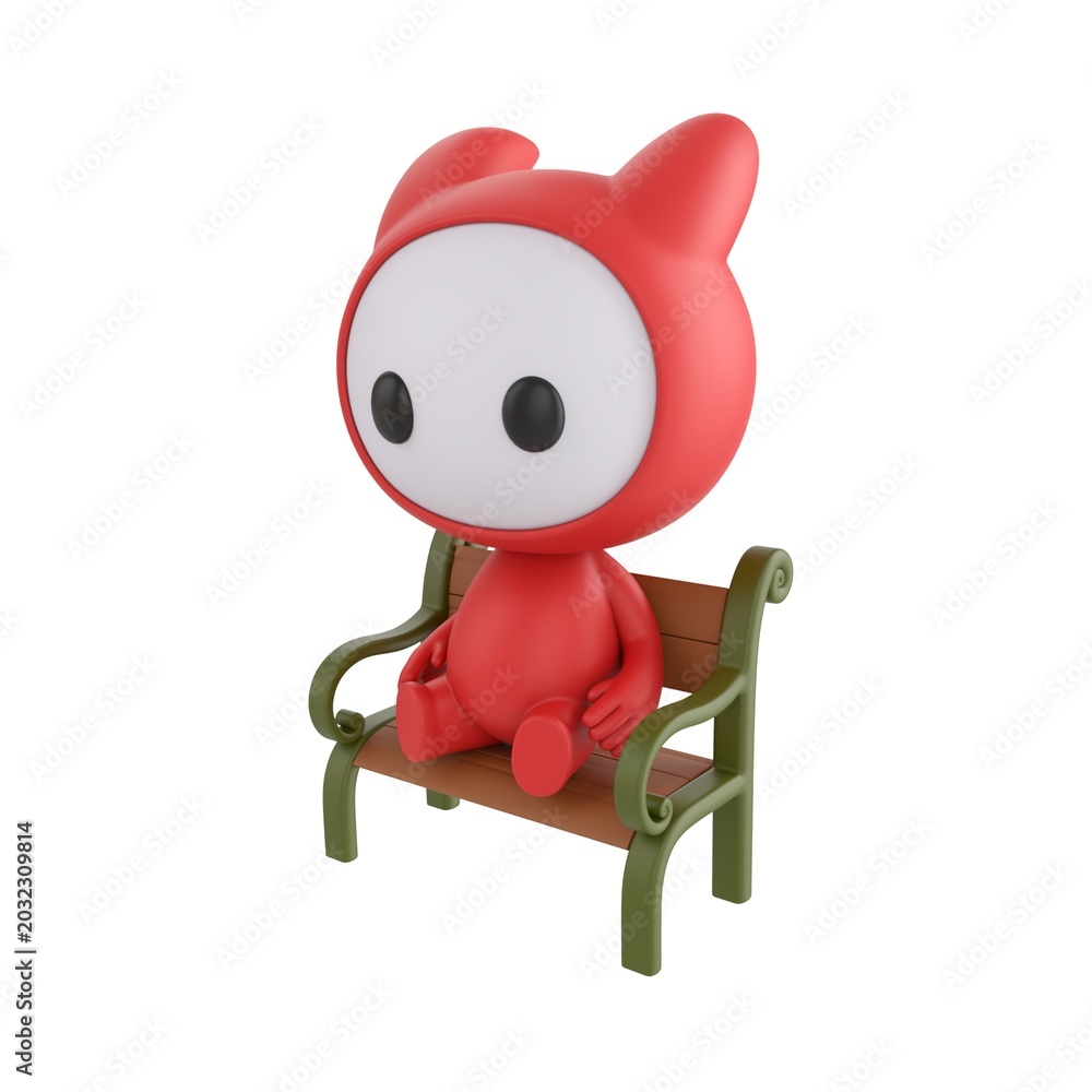 Fototapeta premium Cute 3D render Red Little Monster character sitting calmly on a bench, relaxed and peaceful pose, isolated on white background.