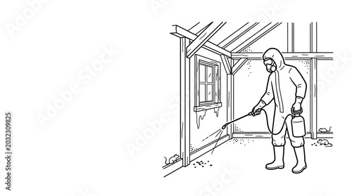 Quadro su tela A pest control technician wearing protective gear spraying insecticide in a house interior