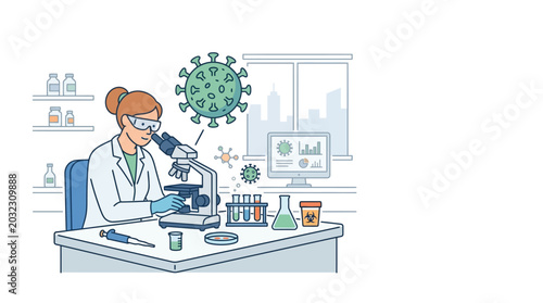 A scientist in a laboratory conducting virus research using a microscope.
