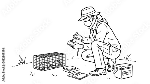 Fotografía A scientist wearing protective gear examining a captured rodent in the field