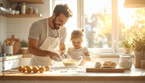 The activity of cooking together in a warm and bright kitchen shows the loving interaction between father and daughter when making bread or cake dough.father and son baking cookies