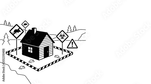 Schilderij op canvas A small house surrounded by caution tape and various warning signs