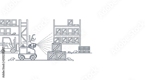 Photos Automated warehouse disinfection robot spraying mist on wooden cargo crates