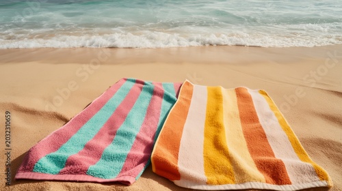 Two striped beach towels lie on golden sand