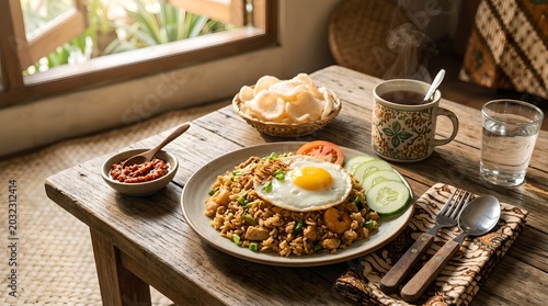 Traditional Indonesian breakfast on wooden table
