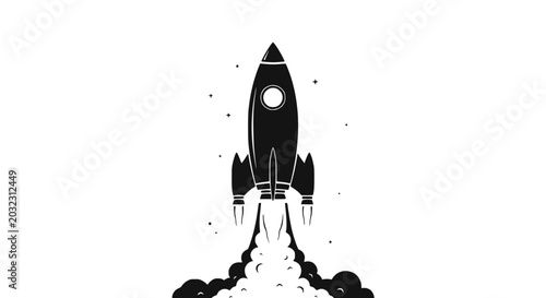 Bild auf Leinwand Black rocket launching with smoke and stars on white background, vector illustra