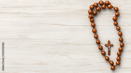 Brown Wooden Rosary Beads and Crucifix on White Wood