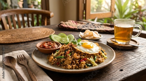 Traditional Indonesian breakfast on wooden table