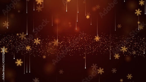 Golden Snowflakes and Particles Flowing on Red Background, Christmas Holiday Loop, Festive Winter Celebration, Sparkling Glitter Backdrop, New Year Animation 4k video