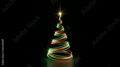 Abstract Glowing Christmas Tree Animation with Red and Green Light Trails Background