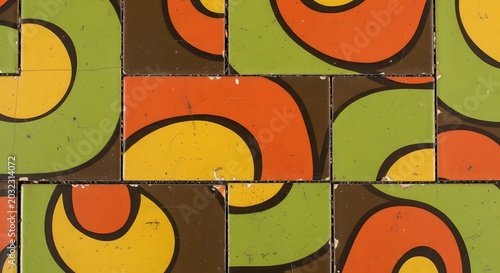 Retro 70s Style Abstract Geometric Pattern with Curved Shapes in Green, Orange, Yellow, and Brown Tiles