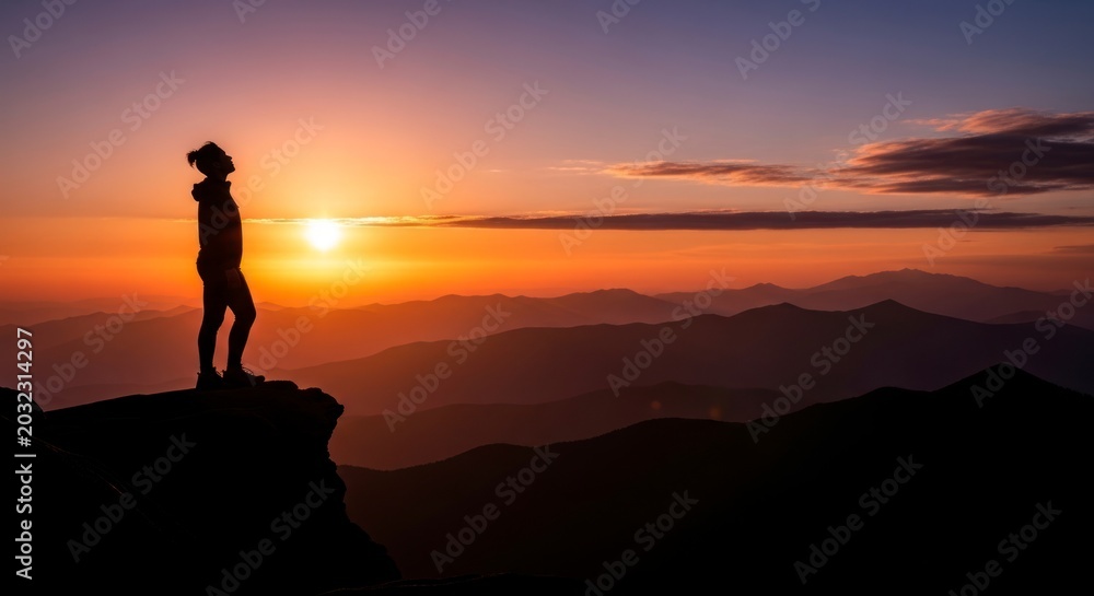 Fototapeta premium Serene Summit Silhouette: A Lone Hiker Gazing at a Radiant Mountain Sunset