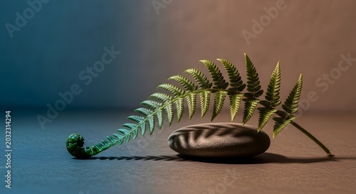 Zen Still Life with Fern Frond and Smooth Stone Illuminated by Blue and Orange Ambient Light