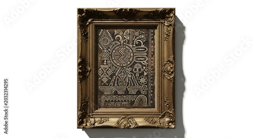 Ornate Golden Framed Artwork with Intricate Abstract Pixelated Design on a White Background