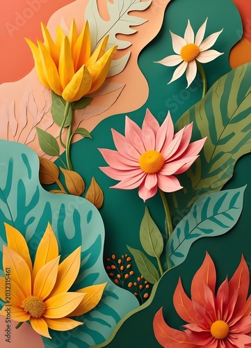 Colorful paper cut floral collage with yellow, pink, and white flowers layered over teal and coral organic shapes, botanical surreal art.