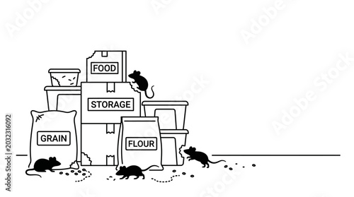 Fotografía Black and white illustration of mice invading a food storage pantry