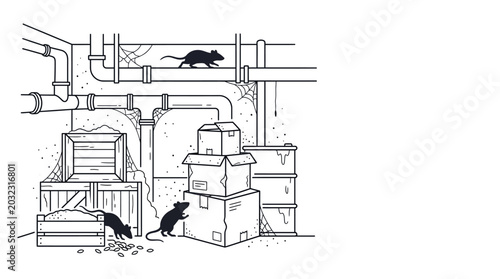 Black and white line art illustration of rats in a messy basement.