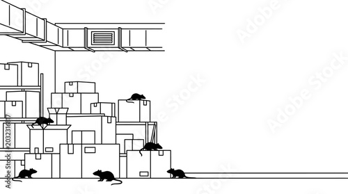 Cuadro en lienzo Black and white line art illustration of rats in a warehouse.