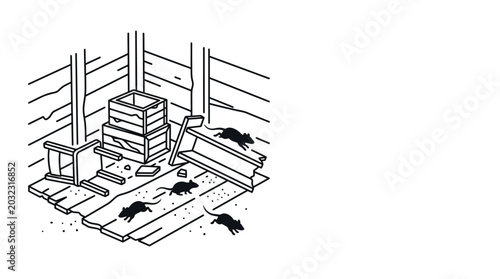 Foto Black and white line drawing of rats infesting a messy storage room corner