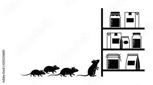 Photos Black and white silhouette illustration of mice approaching kitchen pantry shelves
