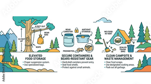 Tableau sur toile Camping safety infographic illustrating proper food storage and waste management