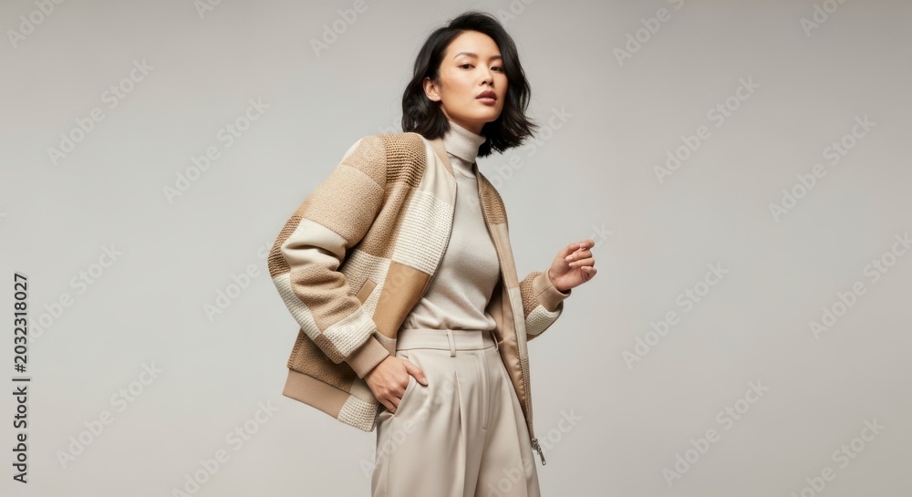 Fototapeta premium Chic Confidence: Asian Model in a Textured Beige Patchwork Bomber Jacket
