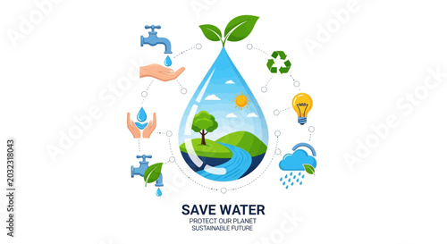 Save Water Concept: Drop, Tap, Hands, Recycling, Nature, Lightbulb