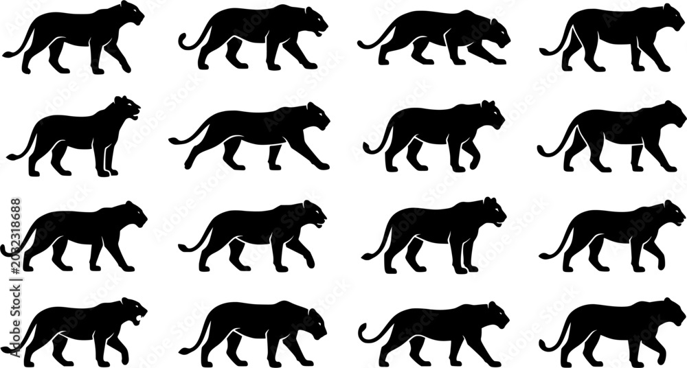 Obraz premium Black Panther and Lioness Silhouette Set Featuring Walking Big Cats, Crouching Wild Felines, Predator Poses, Safari Wildlife, and Jungle Animal Vector Designs