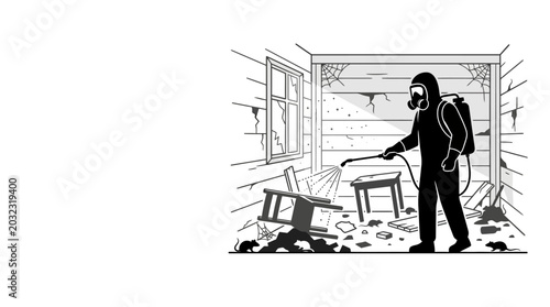 Foto Exterminator in protective suit spraying insecticide in a room.