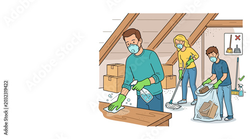 Εκτύπωση καμβά Family wearing protective masks cleaning attic together.