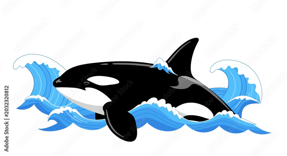 Fototapeta premium Cartoon Orca Whale Swimming in Blue Ocean Waves