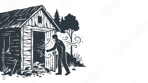 Bild auf Leinwand Hand drawn illustration of a man opening a wooden shed door.