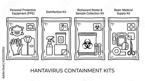 Cuadro en lienzo Hantavirus containment kits infographic with medical safety supplies and protective equipment