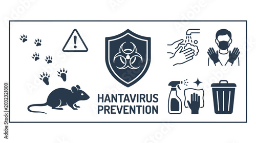 Hantavirus prevention and safety hygiene information infographic icons set.