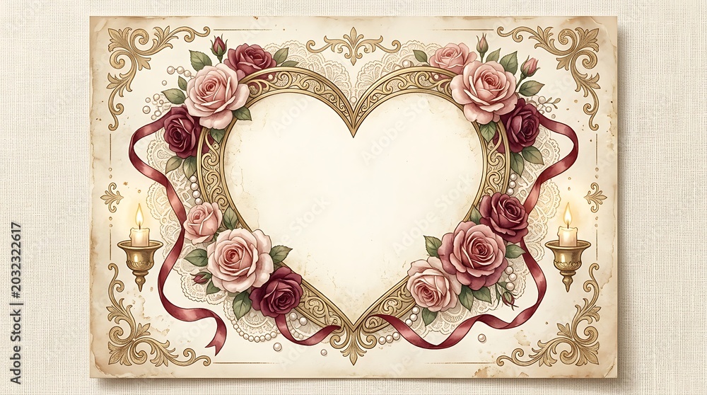 Fototapeta premium Vintage heart frame with roses and candles on ornate card