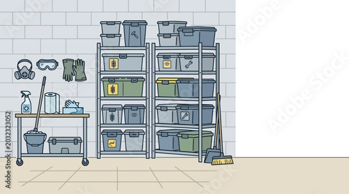 Illustration of a garage interior with organized storage shelves and tools.