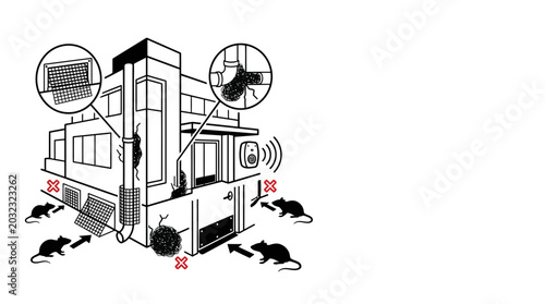 Schilderij op canvas Illustration of rat infestation points and rodent pest control methods around a building