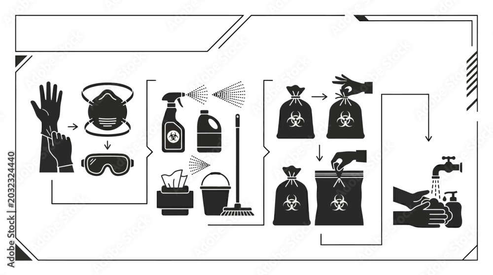 Αυτοκόλλητο Instructional infographic showing cleaning and sanitization procedures for hazardous waste materials