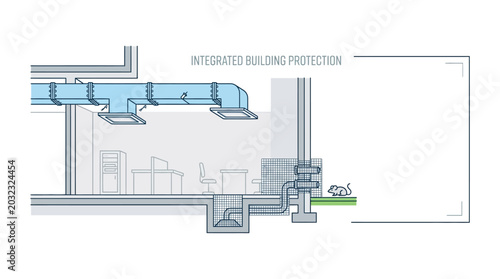 Obraz na płótnie Integrated building protection schematic showing HVAC ductwork and wall section