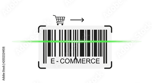 E commerce concept illustration barcode with shopping cart and arrow symbol