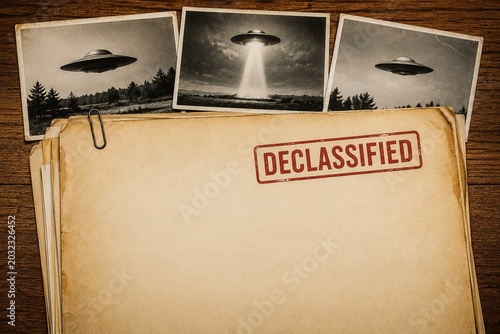 Declassified UFO research files and UFO photographs arranged on a secret research desk with old classified folders, retro surveillance evidence, a mysterious atmosphere of alien conspiracy
