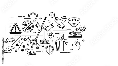 Fotografía Pest control and hygiene services outline illustration.
