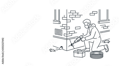 Fotografie Pest control professional sealing mouse entry point in brick wall foundation