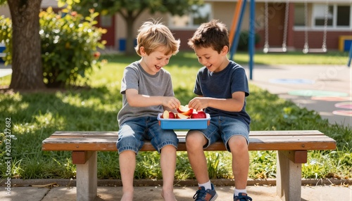 Happy Diverse Boys Share Healthy Apple Snack at Playground Recess